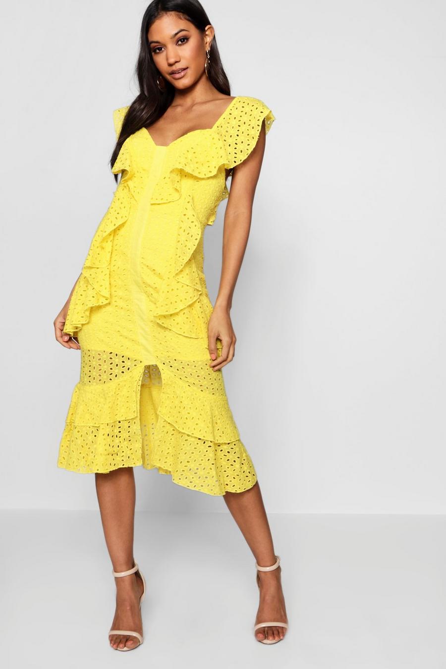Yellow Faye Anglais Ruffle Detail Midi Dress image number 1