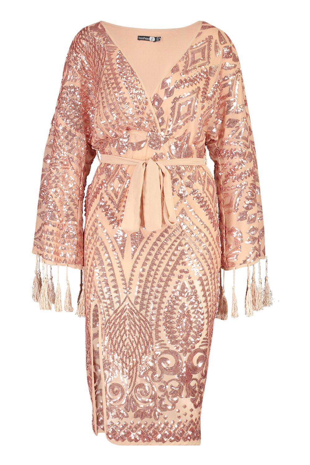 sequin and tassel kimono sleeve midi dress