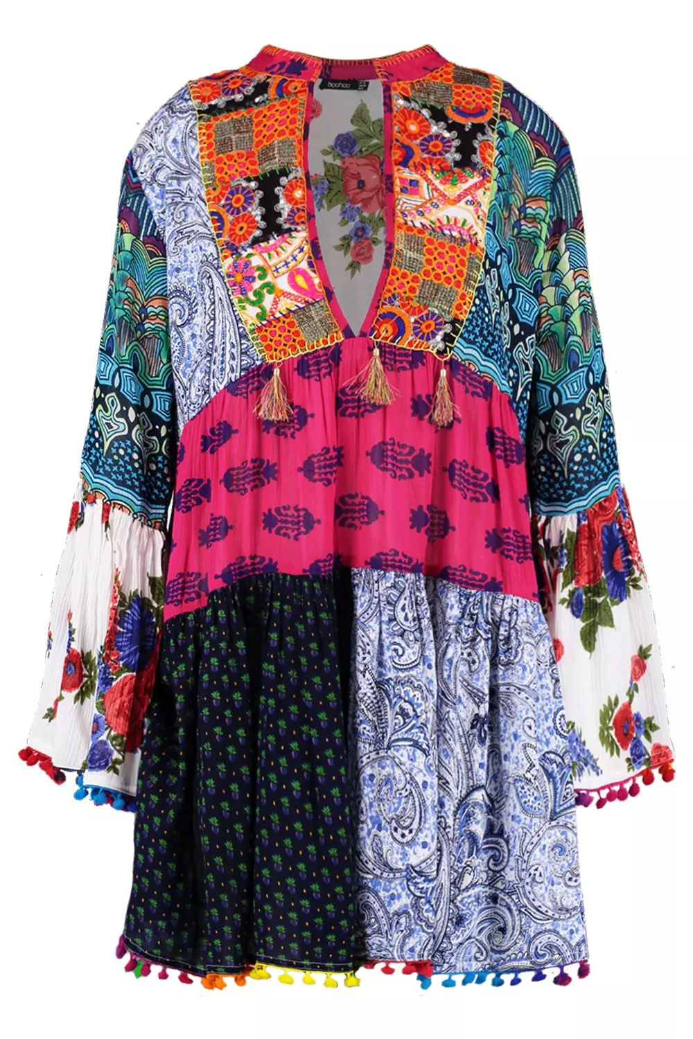 Patchwork print tassel 2025 detail smock dress