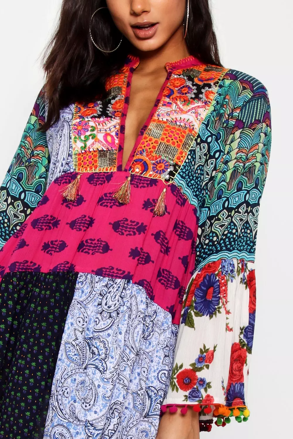 Patchwork print tassel detail shop smock dress