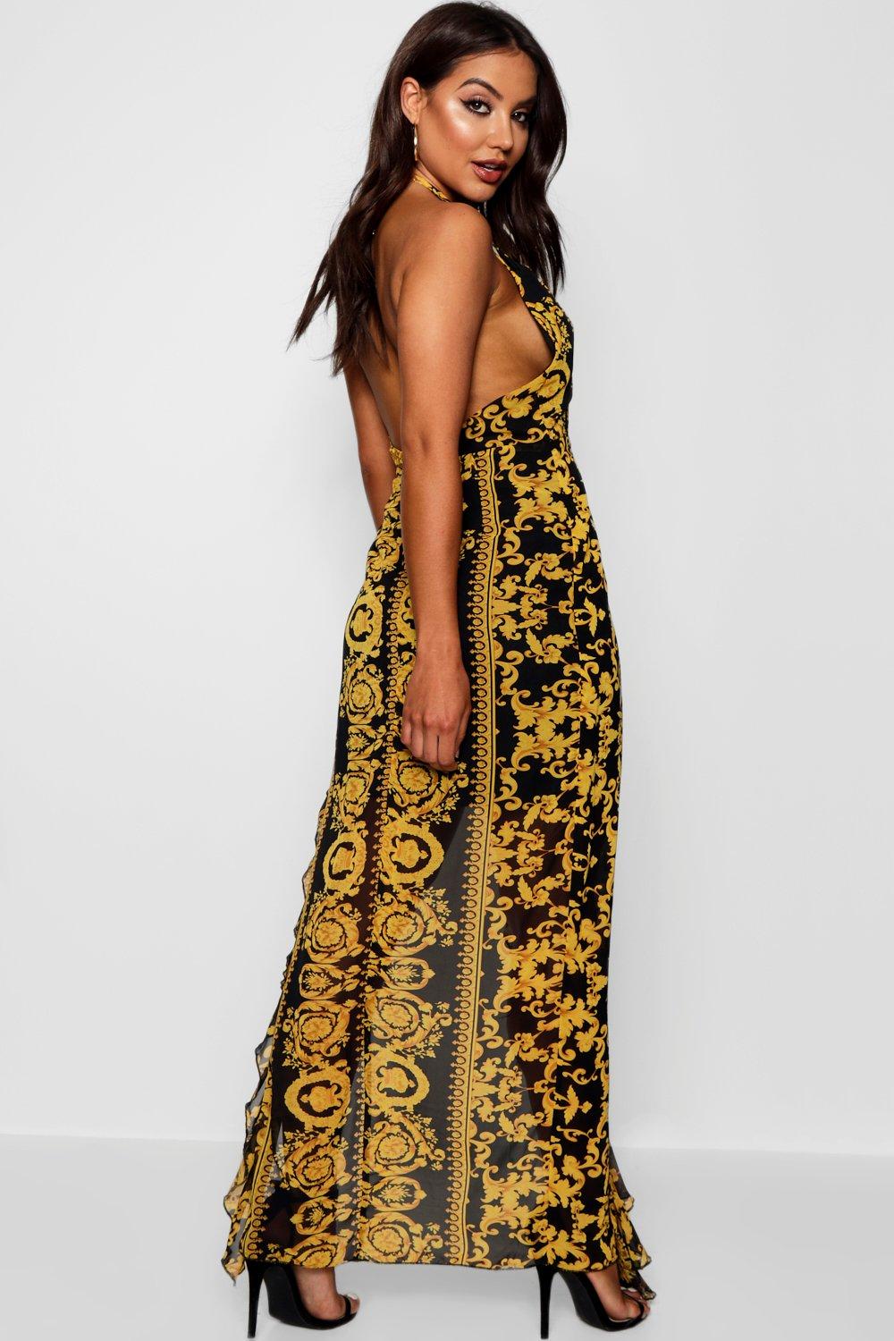 Baroque Print Ruffle Maxi Dress