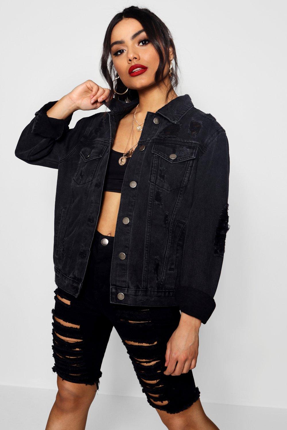 oversized black distressed denim jacket