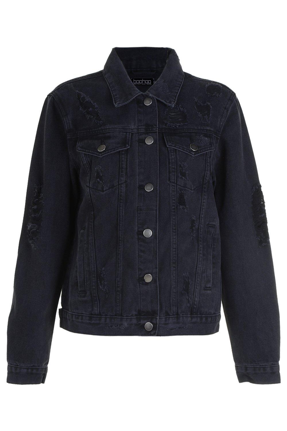 Women s Black Oversize Distressed Denim Jacket Boohoo UK