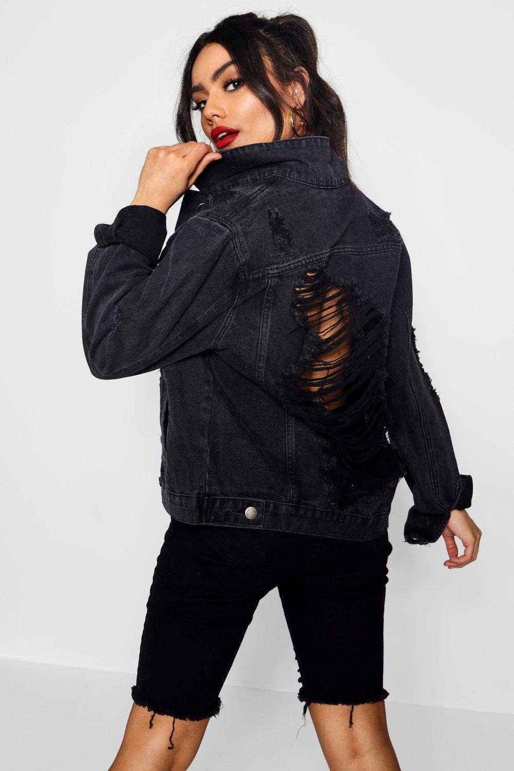 Black ripped on sale denim jacket womens