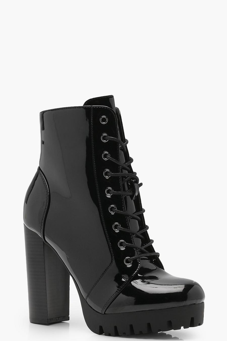 Black Emma Cleated Patent Lace Up Hiker Boots image number 1