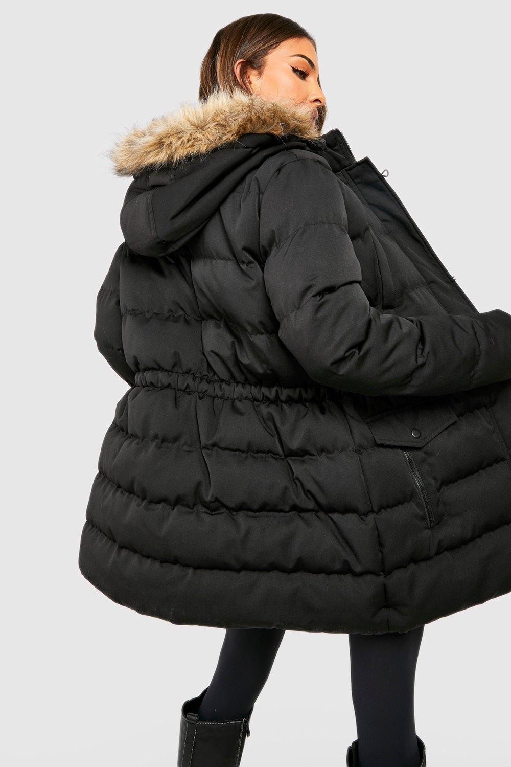 Boohoo black coat on sale with fur hood