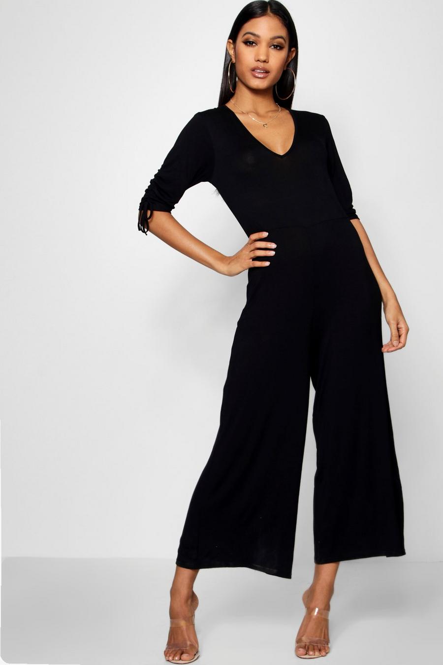 Black Ruched Sleeve Tea Style Culotte Jumpsuit image number 1