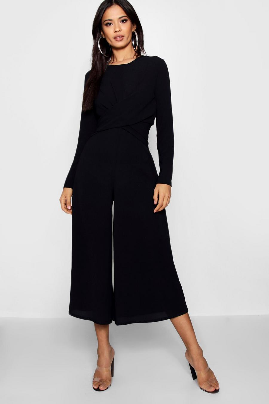 Black Jumpsuit i culottemodell med omlottdetalj image number 1