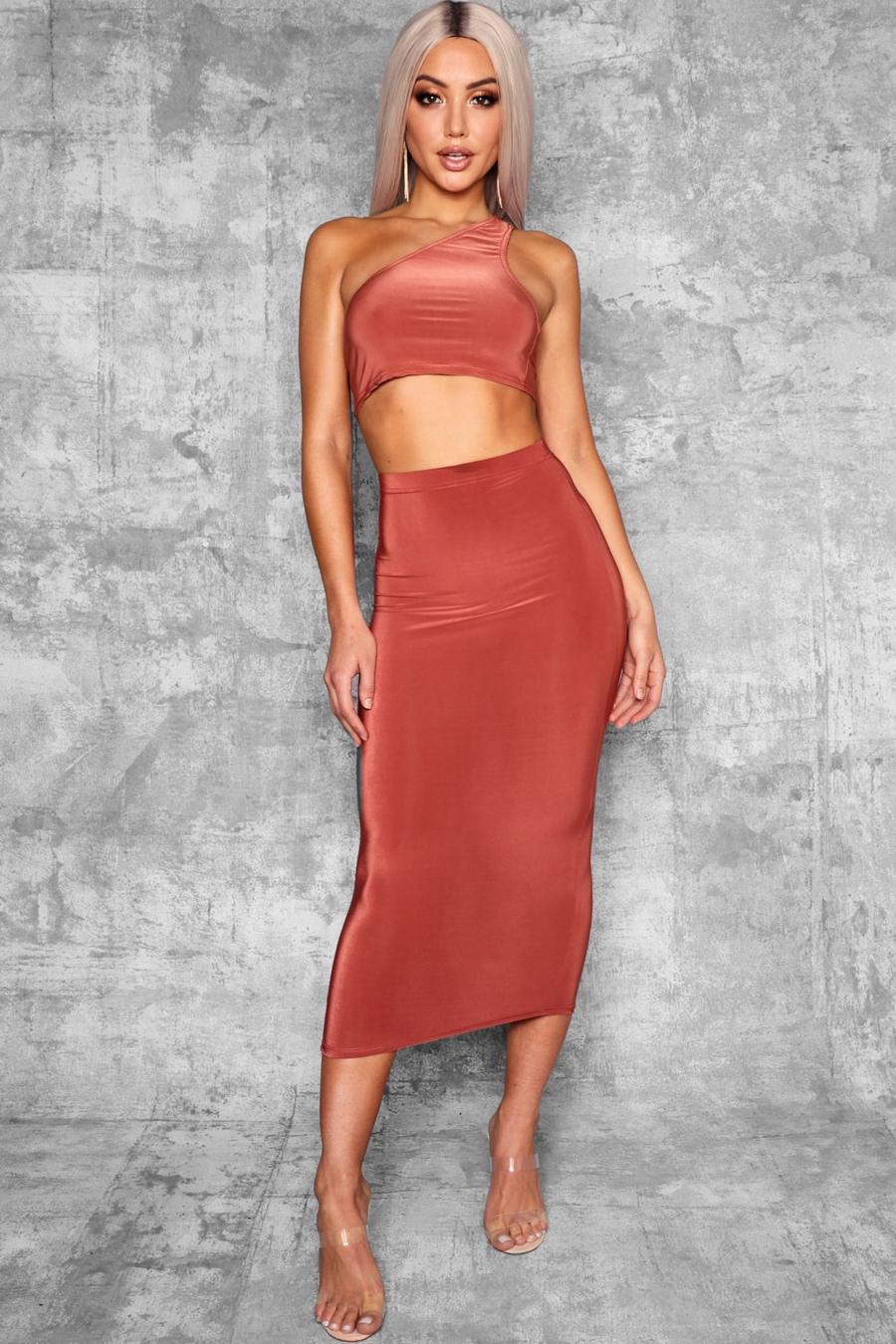 Terracotta Basic High Waist Slinky Fitted Midaxi Skirt image number 1