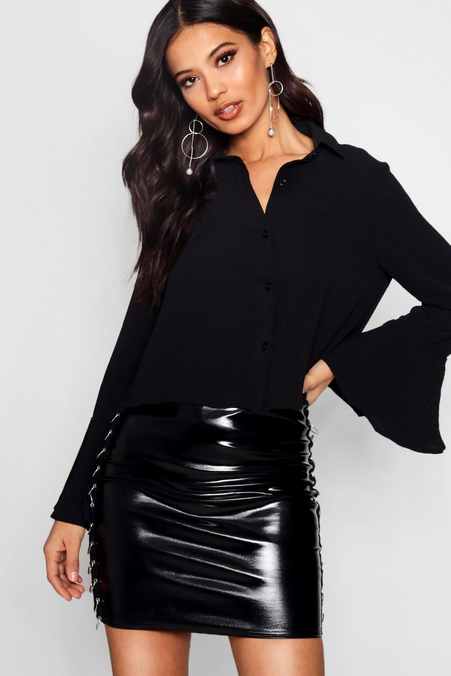 Black Crop Flare Sleeve Shirt image number 1