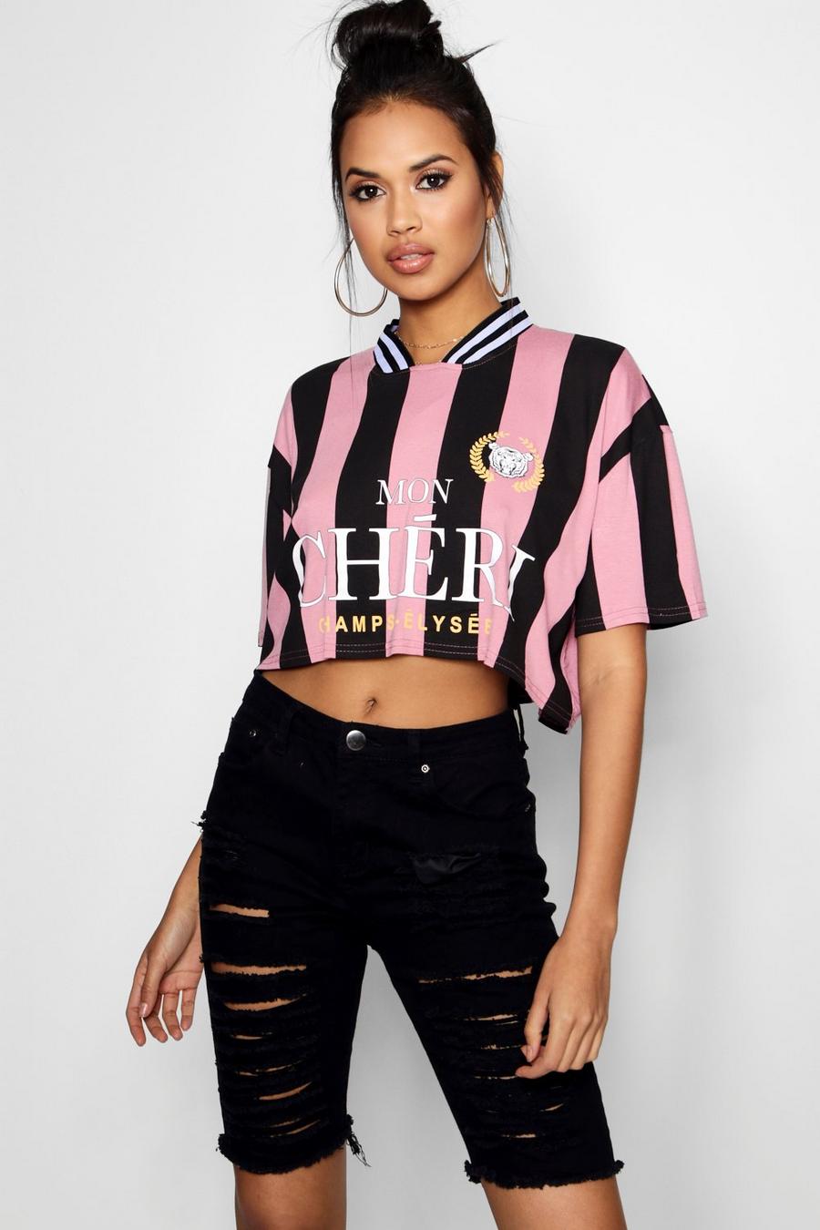 Chemise de football courte à slogan et rayures, Rose image number 1