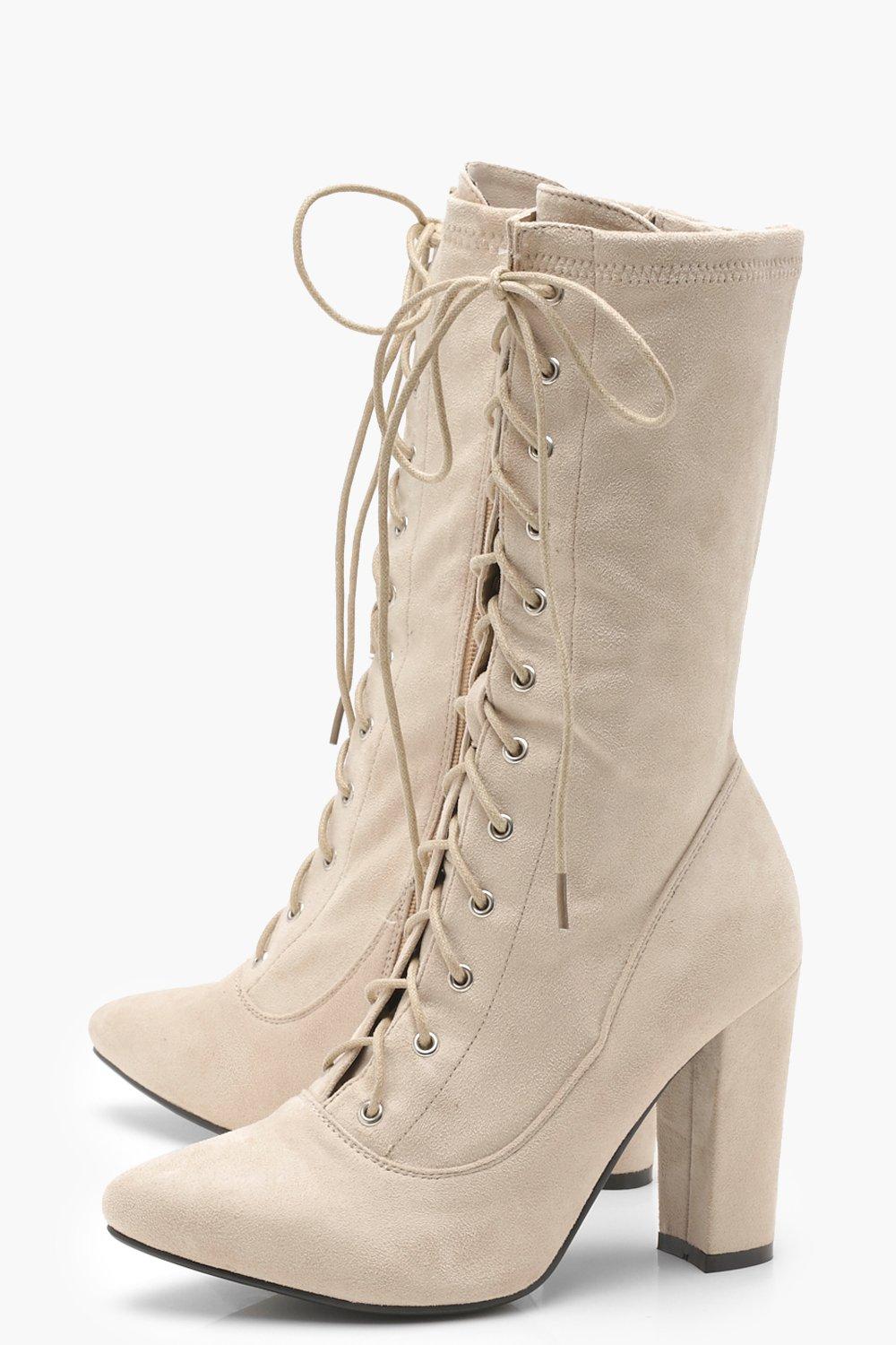 Lace Up Block Heel Sock Boots