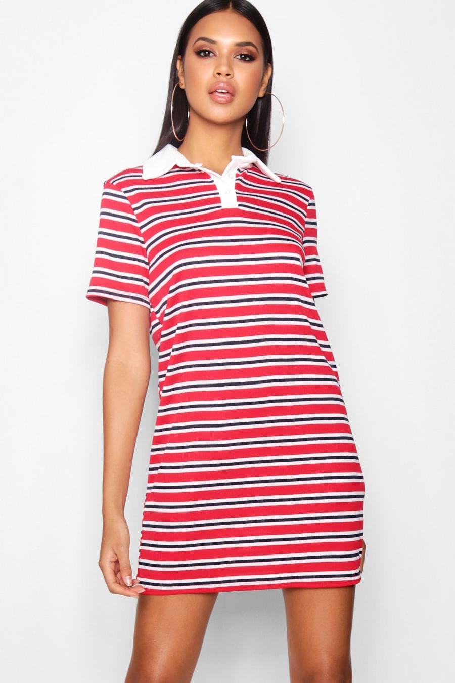 Red Stripe Rib Polo T Shirt Dress image number 1