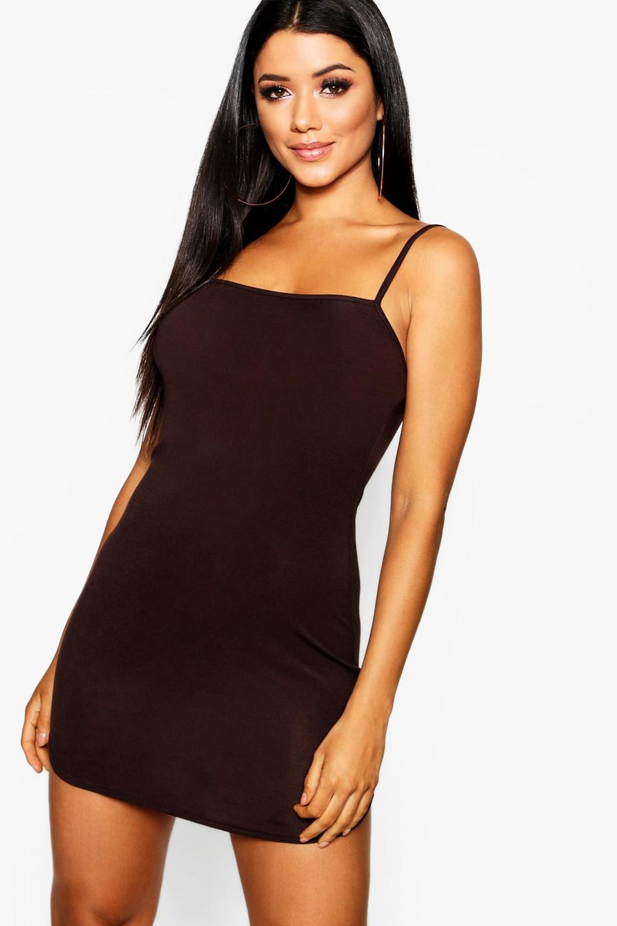 Chocolate Basic Jersey Square Neck Curved Hem Mini Dress image number 1