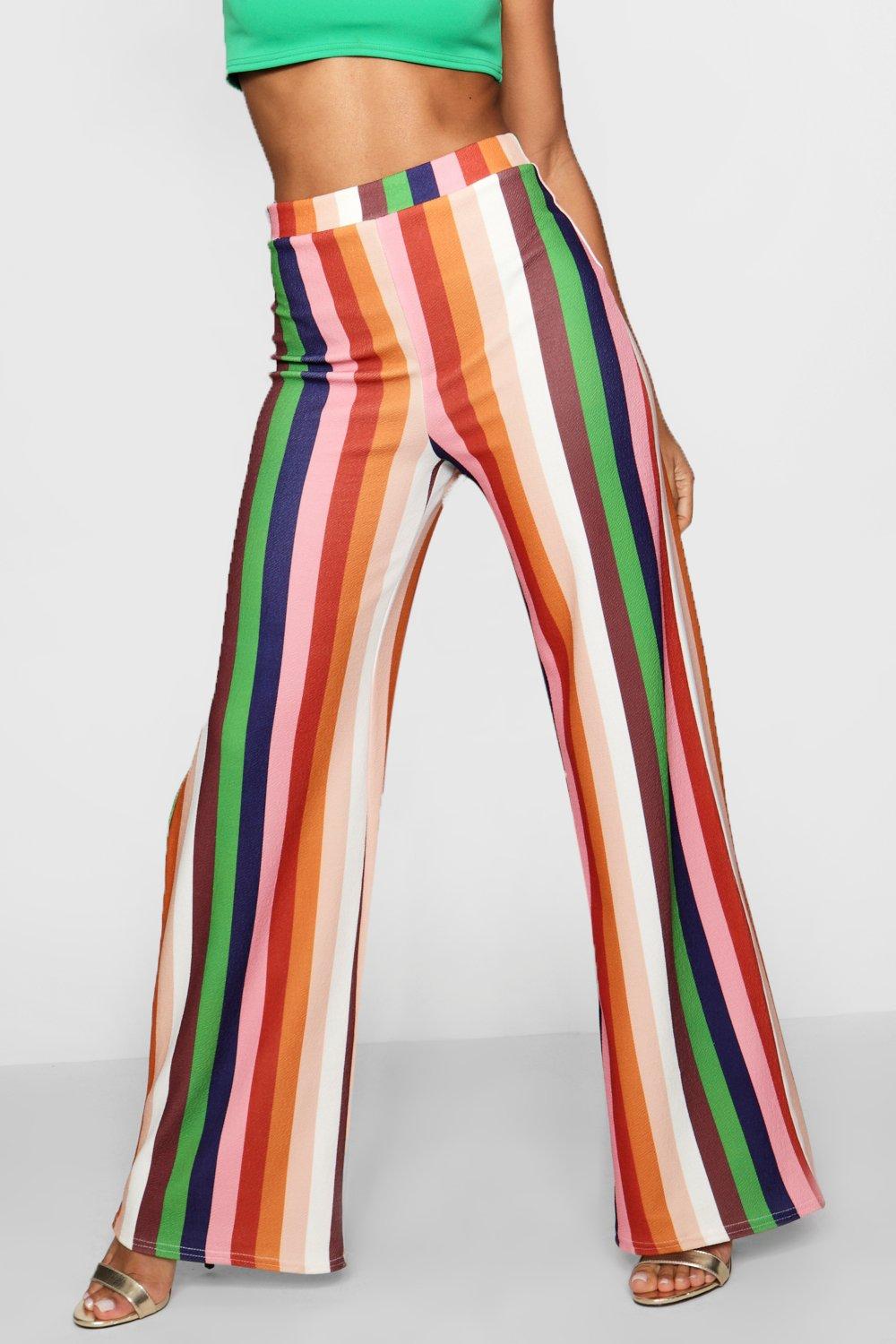 High Waist Rainbow Stripe Crepe Flare Pants