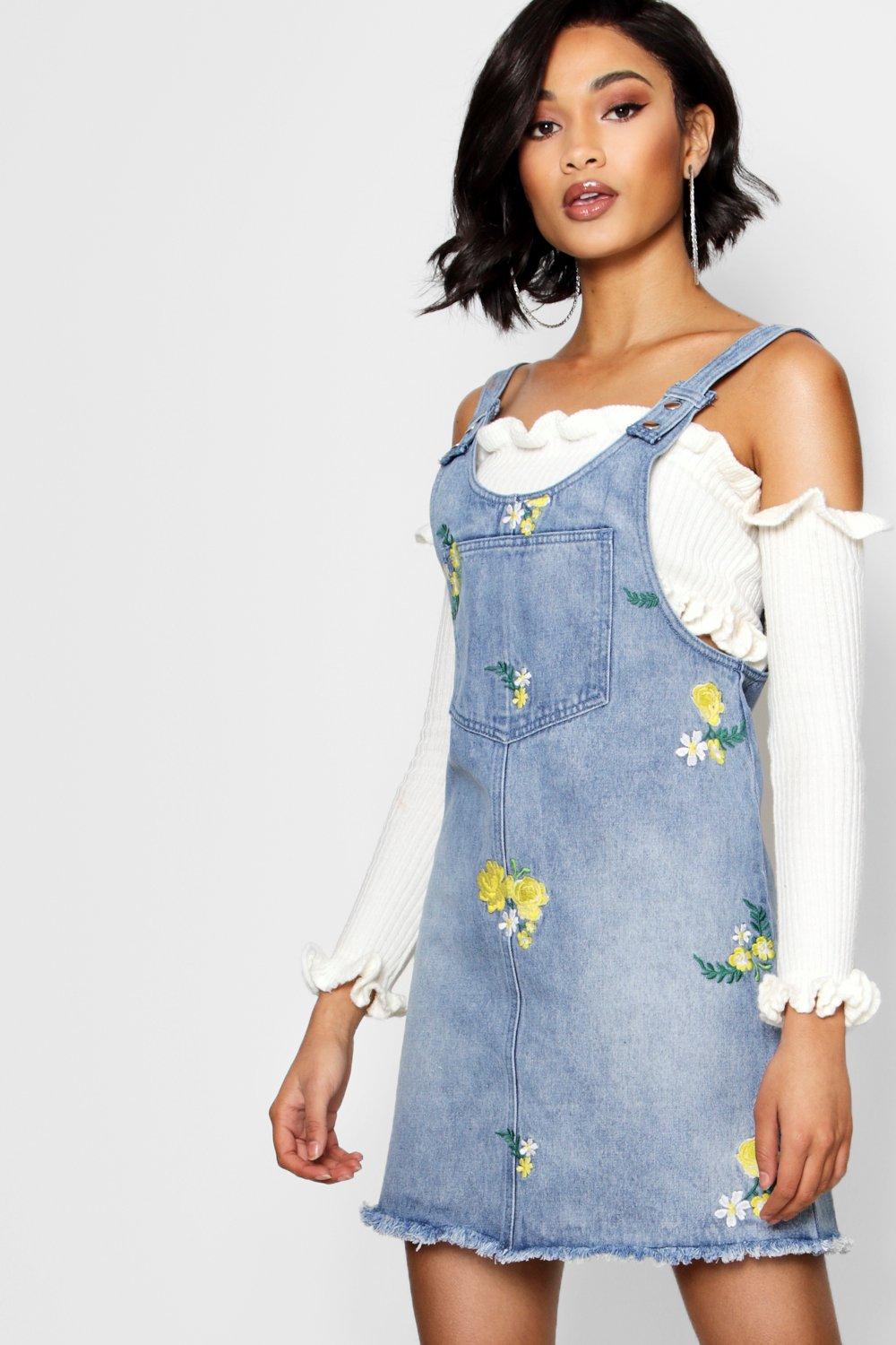 embroidered denim pinafore dress