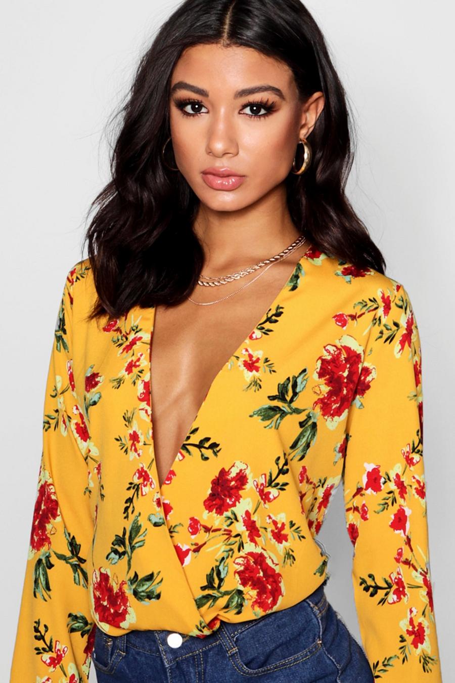 Yellow Floral Wrap Plunge Blouse image number 1