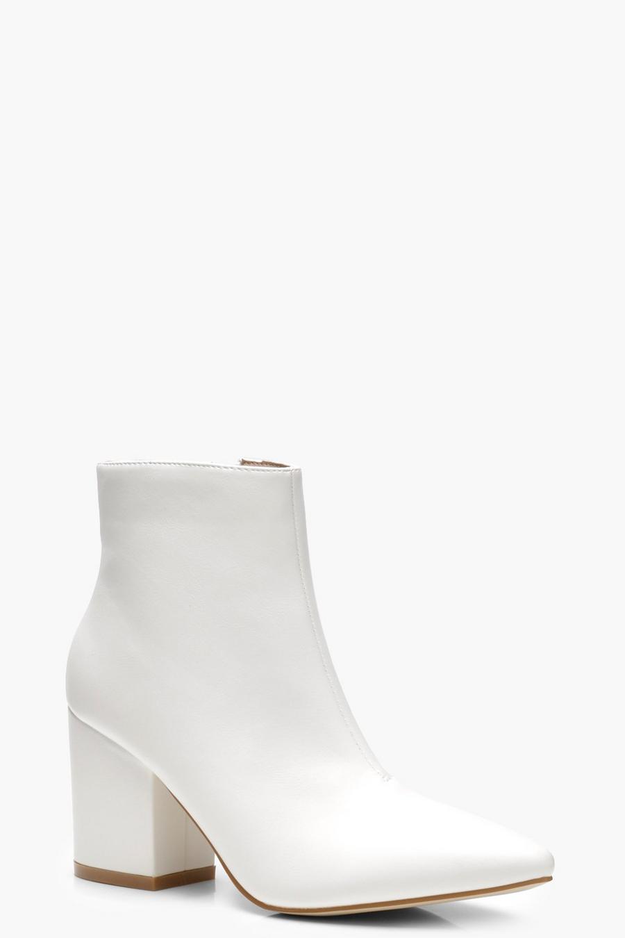 White Pointed Toe Block Heel Ankle Shoe Boots image number 1