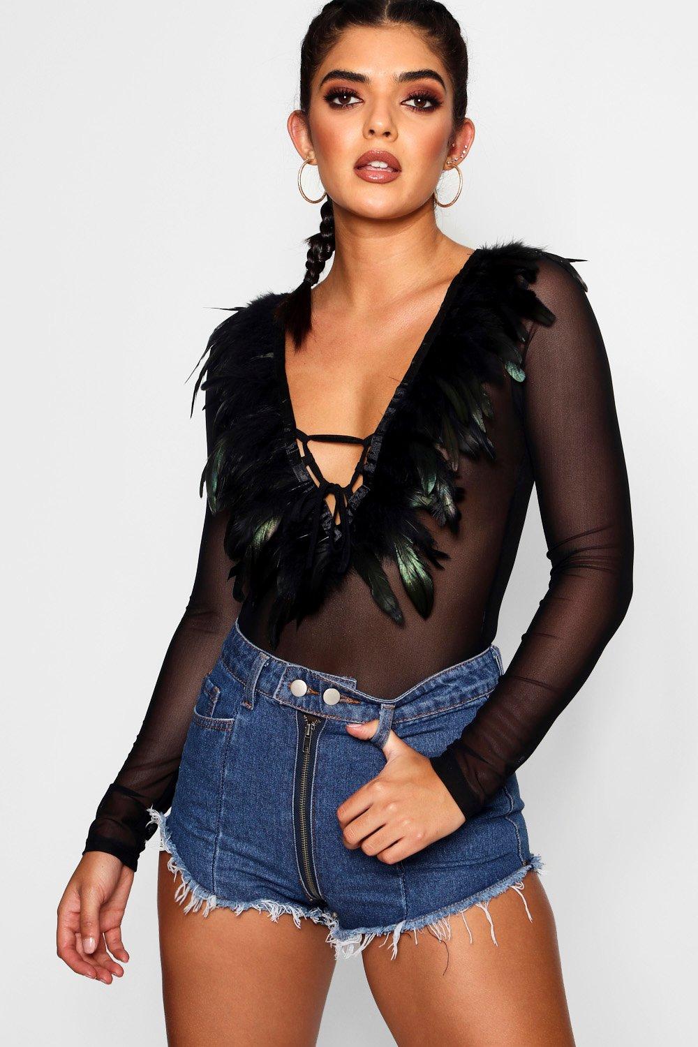 Deep V Jersey Feather Shoulder Bodysuit