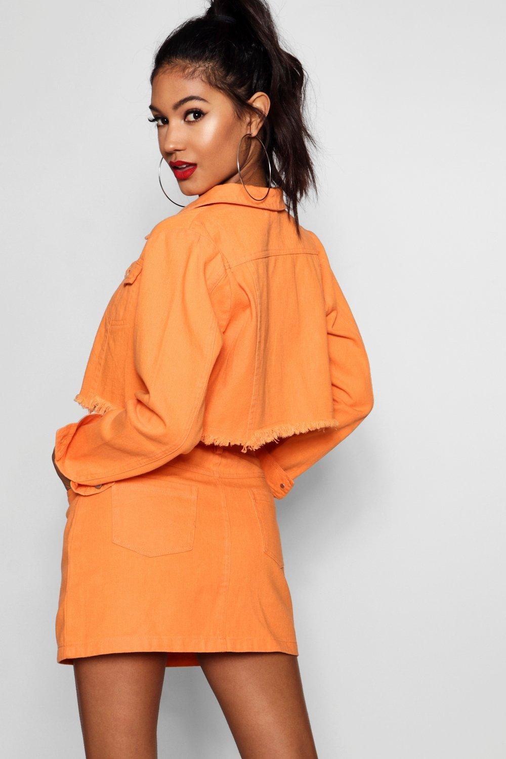 Orange denim hotsell jacket and skirt