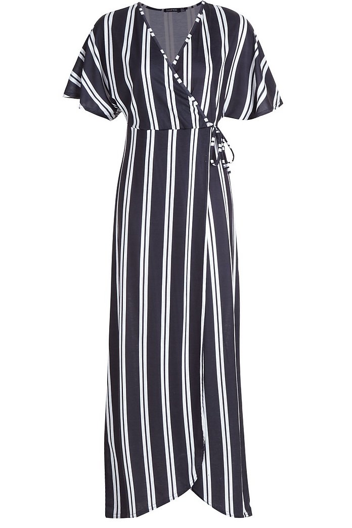 Myla Striped Angel Sleeve Wrap Front Maxi Dress | boohoo Myla Striped Angel Sleeve Wrap Front Maxi Dress | boohoo
