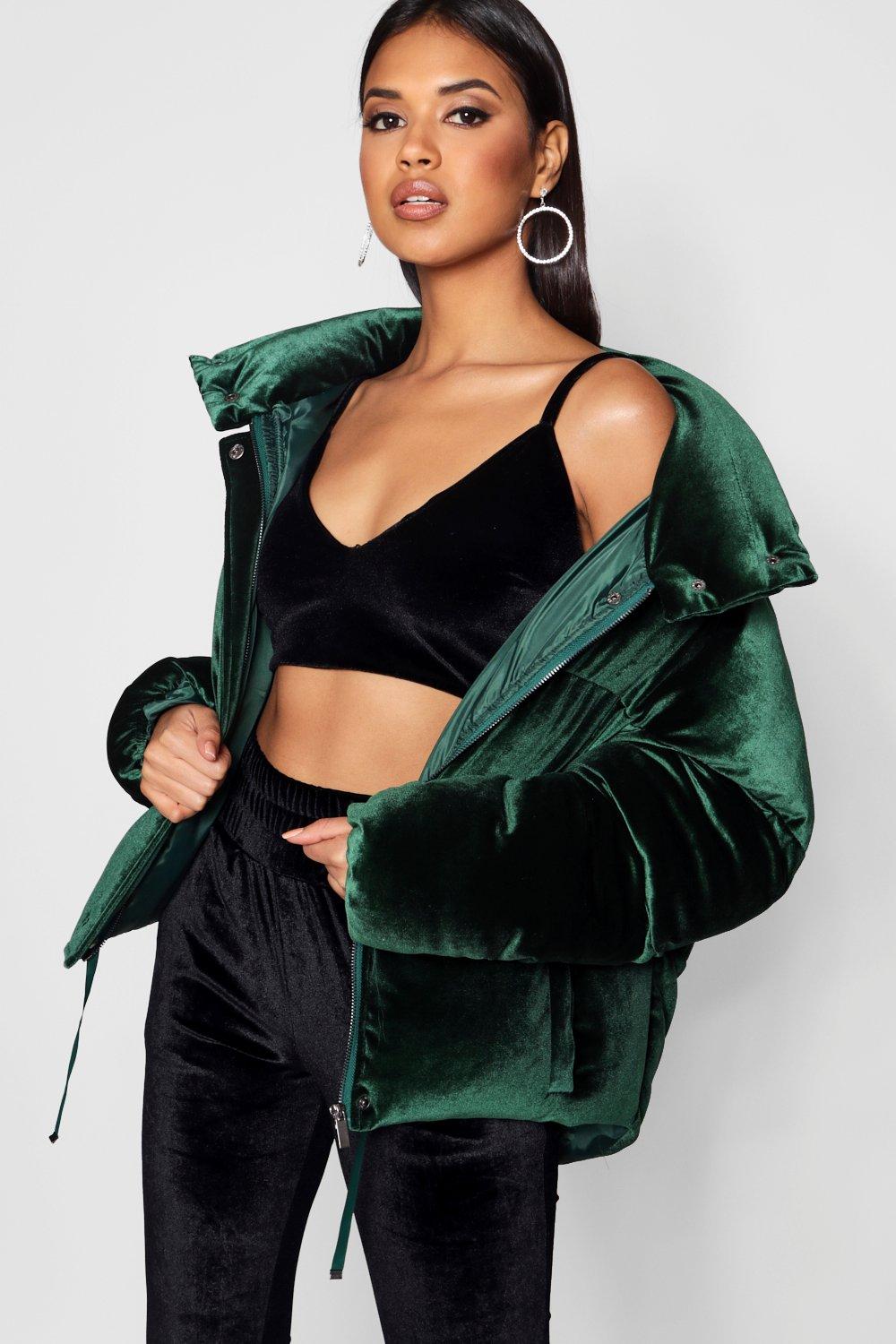 green velvet puffer jacket