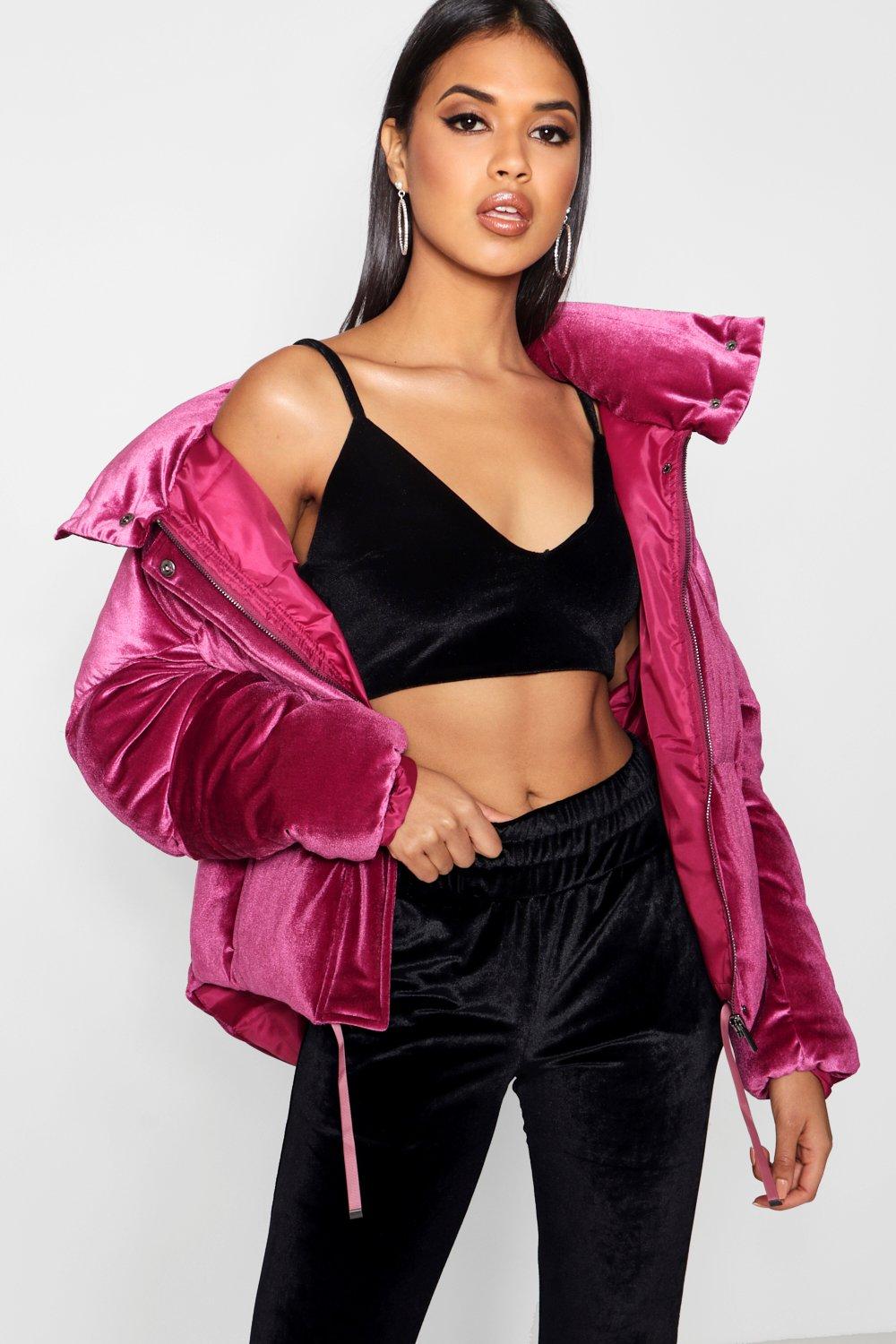 purple velvet puffer jacket
