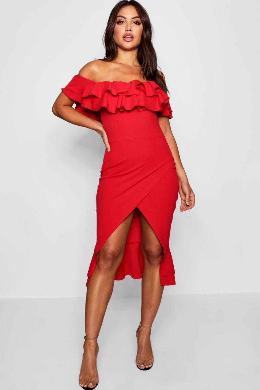 Red Ruffle Off the Shoulder Midi Dress image number 1