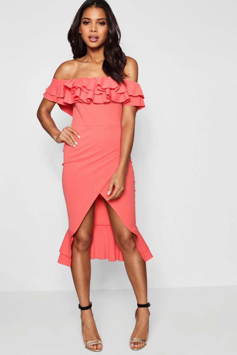 Warm coral Ruffle Off the Shoulder Midi Dress image number 1