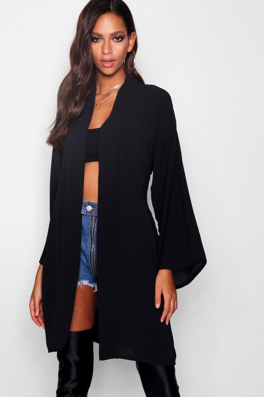 Black Woven Crepe Belted Kimono image number 1