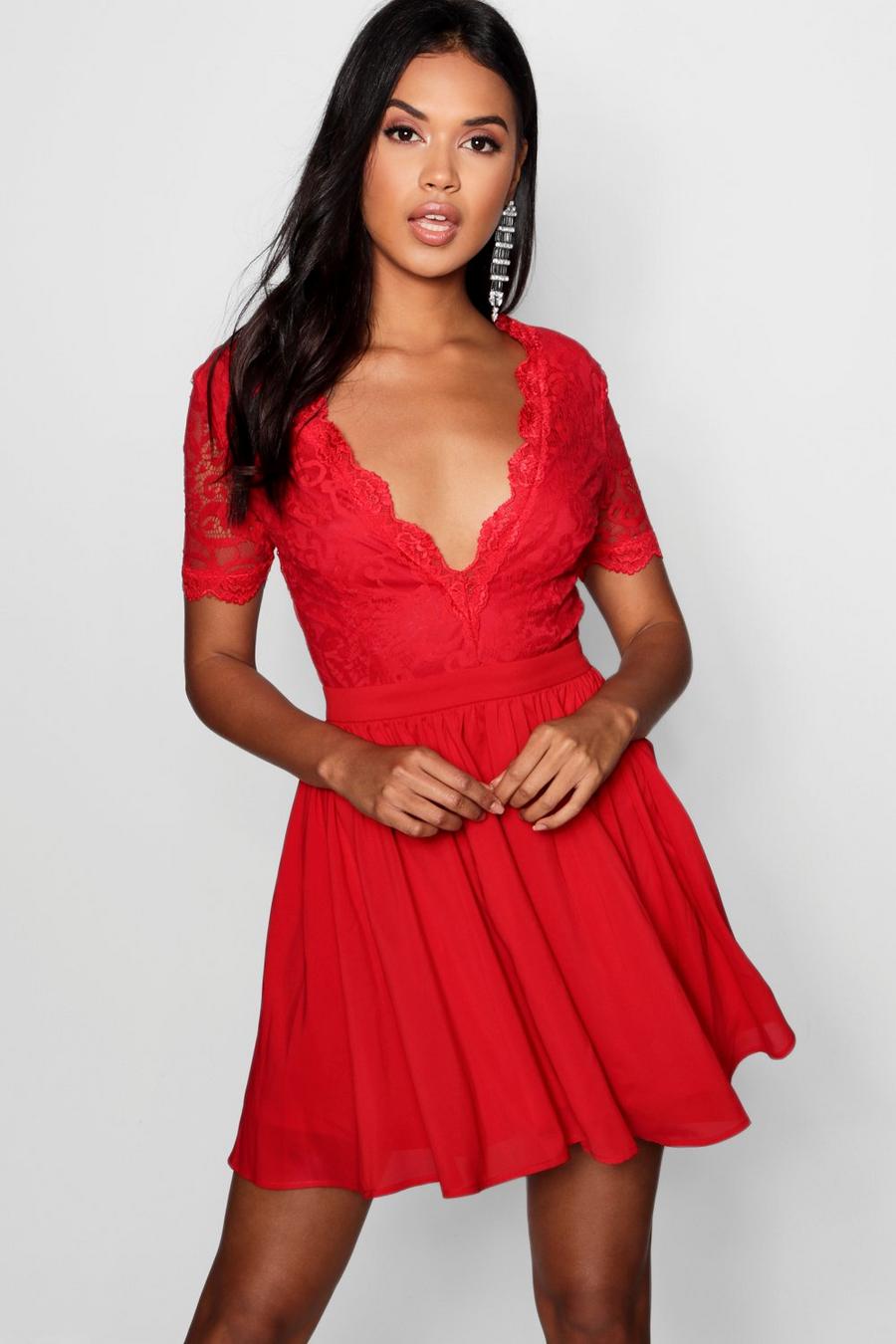 Red Lace Top Skater Dress