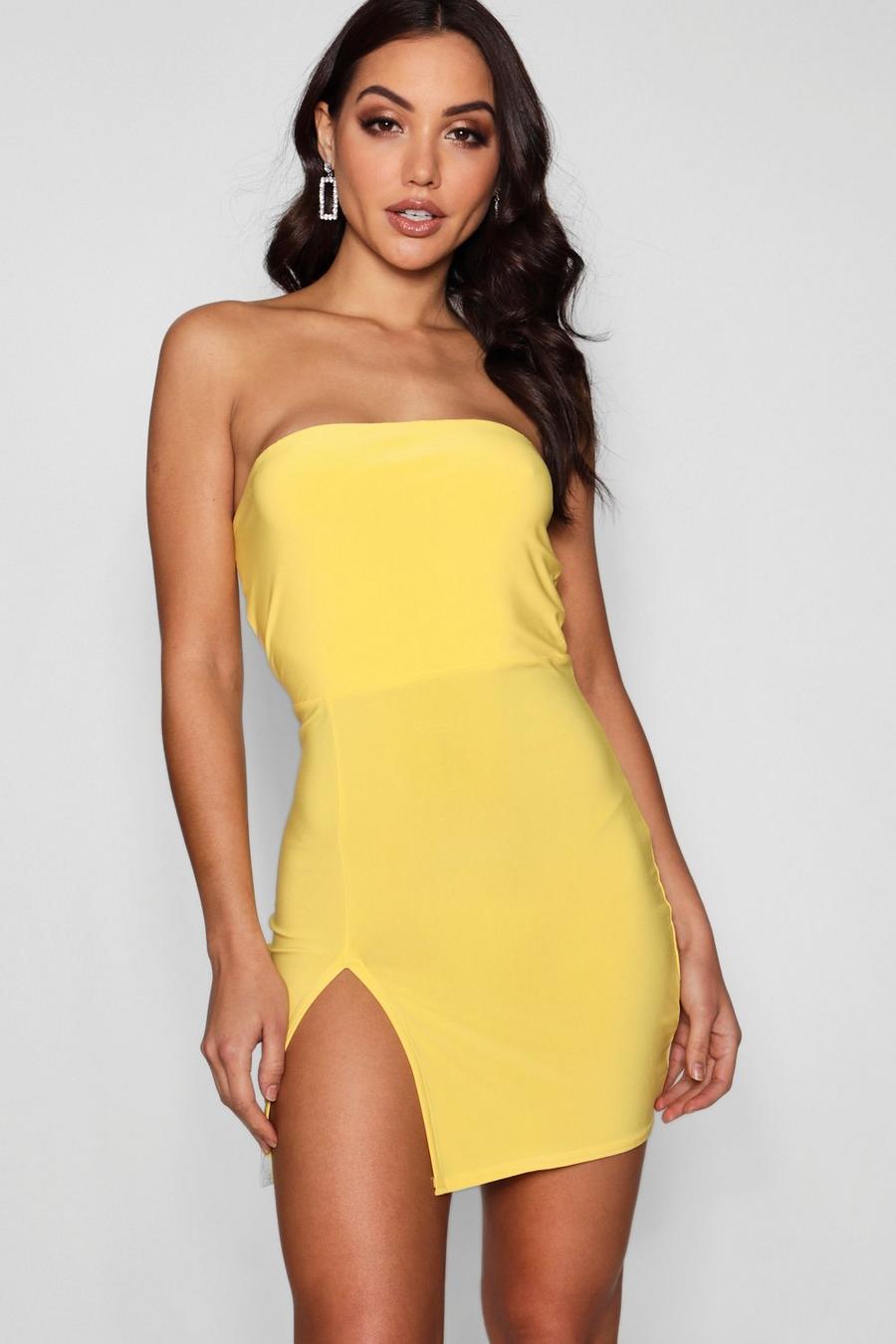 Yellow Thigh Split Bandeau Bodycon Dress image number 1