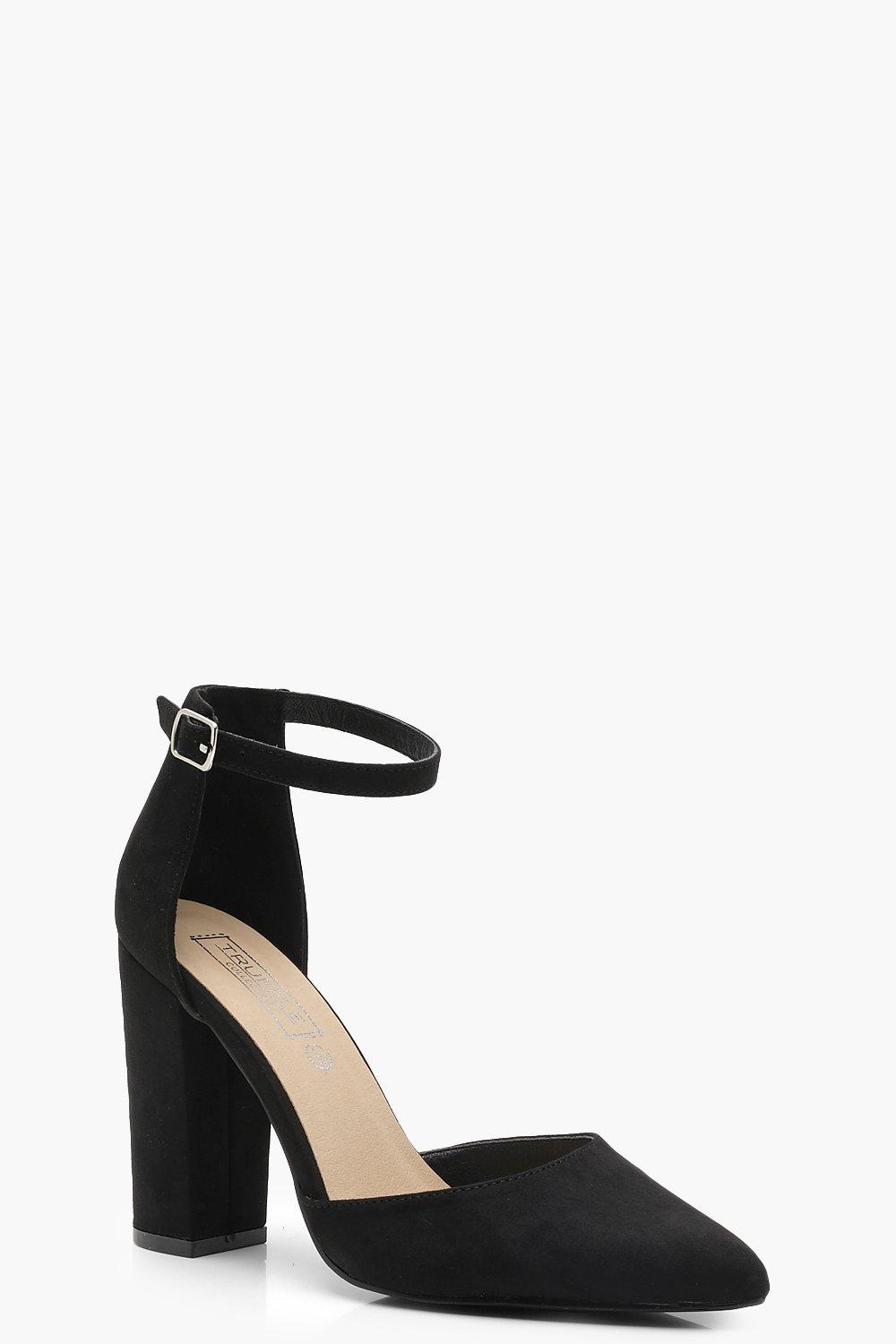 black pointed court shoes with ankle strap