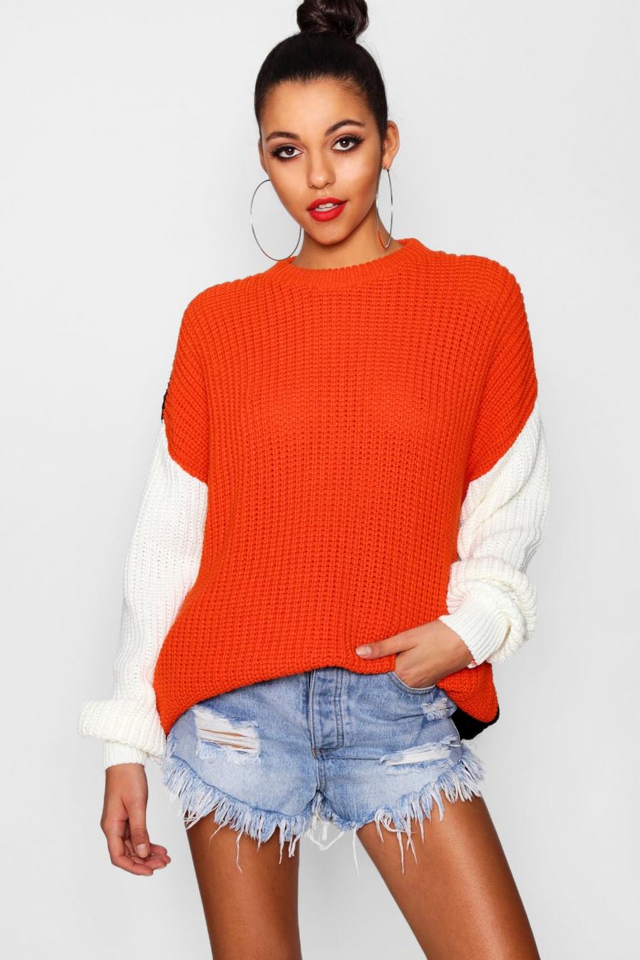 Tangerine Oversized Colour Block Knitted Jumper image number 1