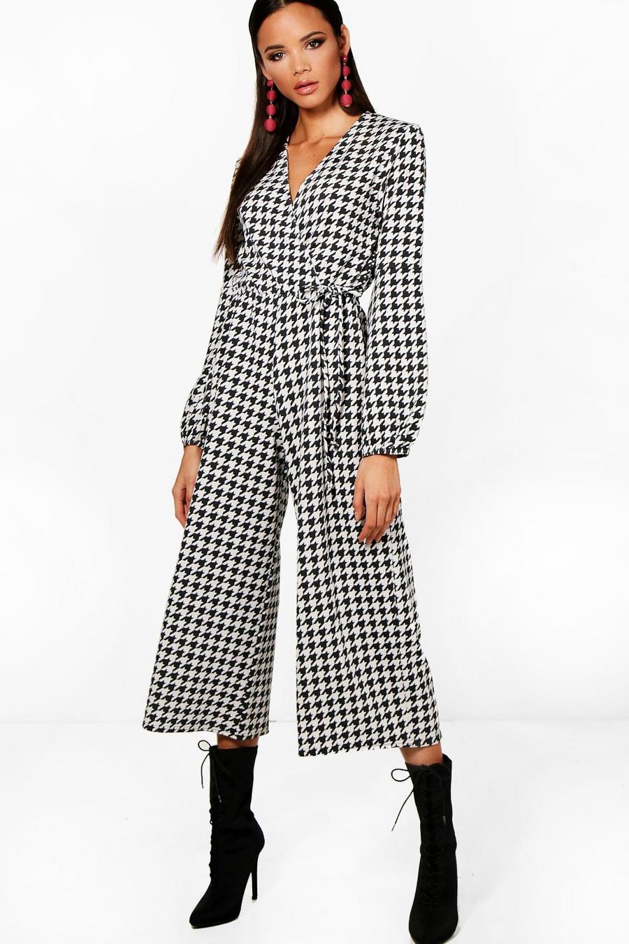 Black Wrap Balloon Sleeve Dogtooth Culotte Jumpsuit image number 1