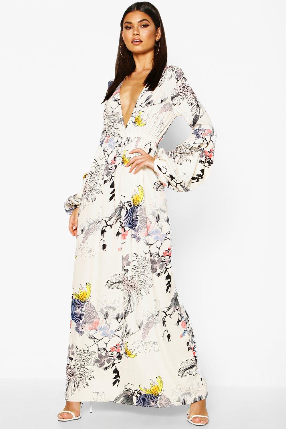 Mimi V Neck Rouched Sleeve Floral Maxi 