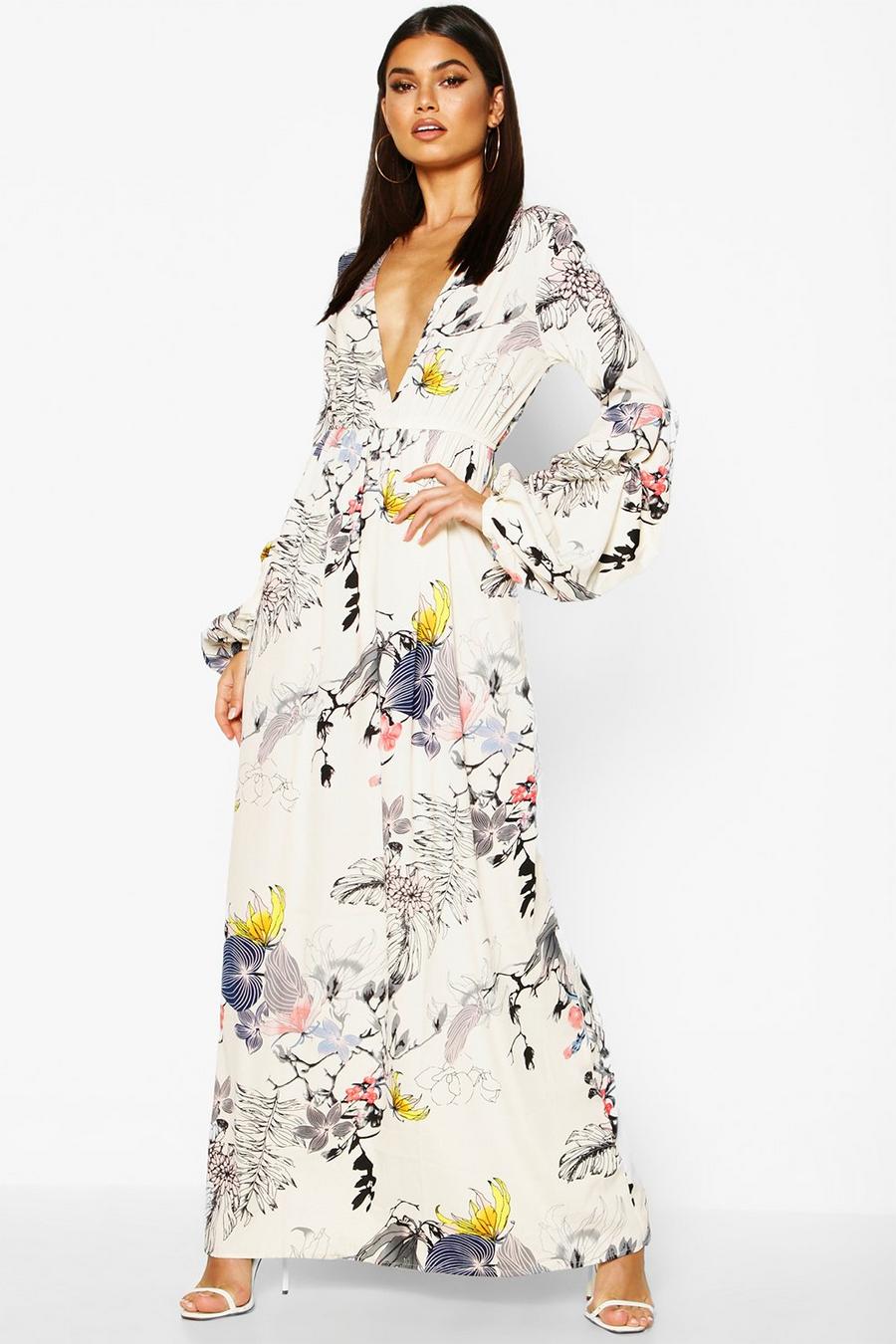 White Mimi V Neck Rouched Sleeve Floral Maxi Dress