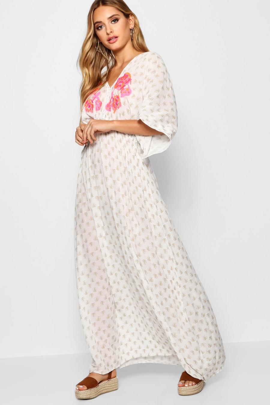 White Embroidered Gold Beach Kaftan Maxi Dress image number 1