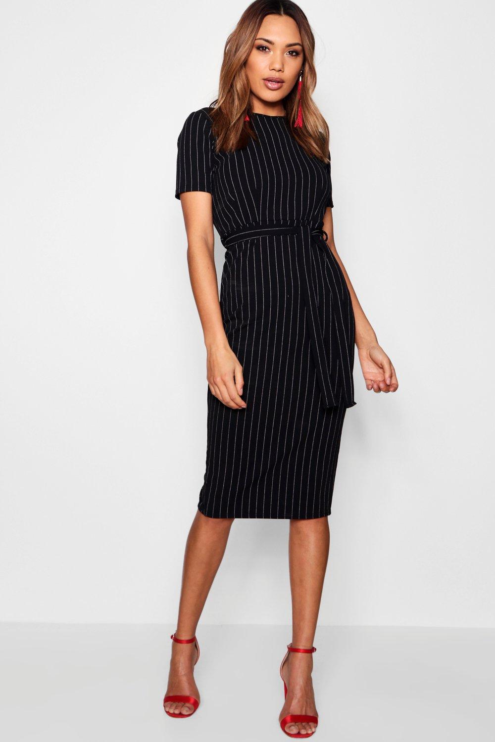 Pinstripe Belted Tailored Dress | boohoo