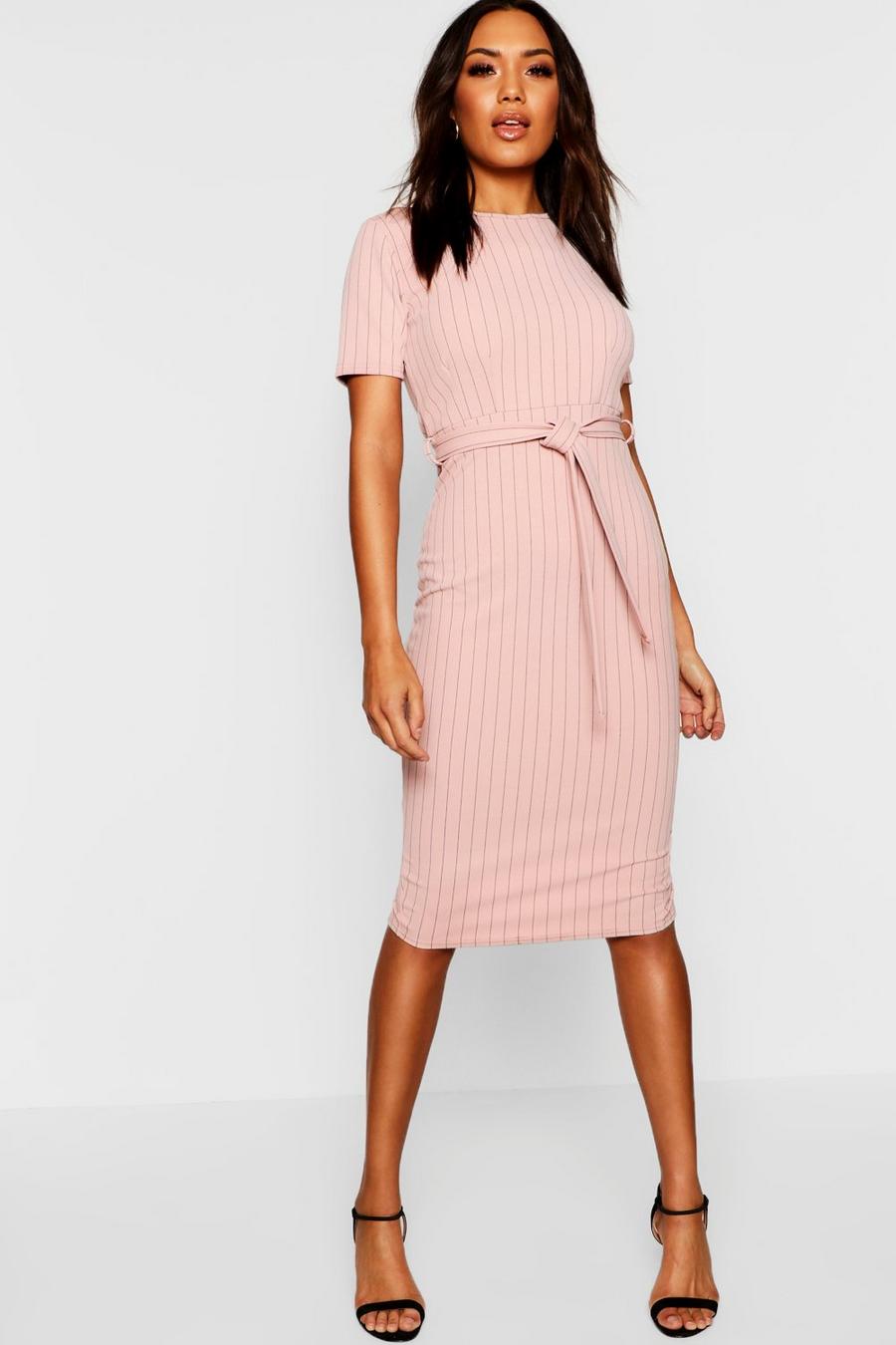 Soft pink Pinstripe Belted Tailored Dress image number 1