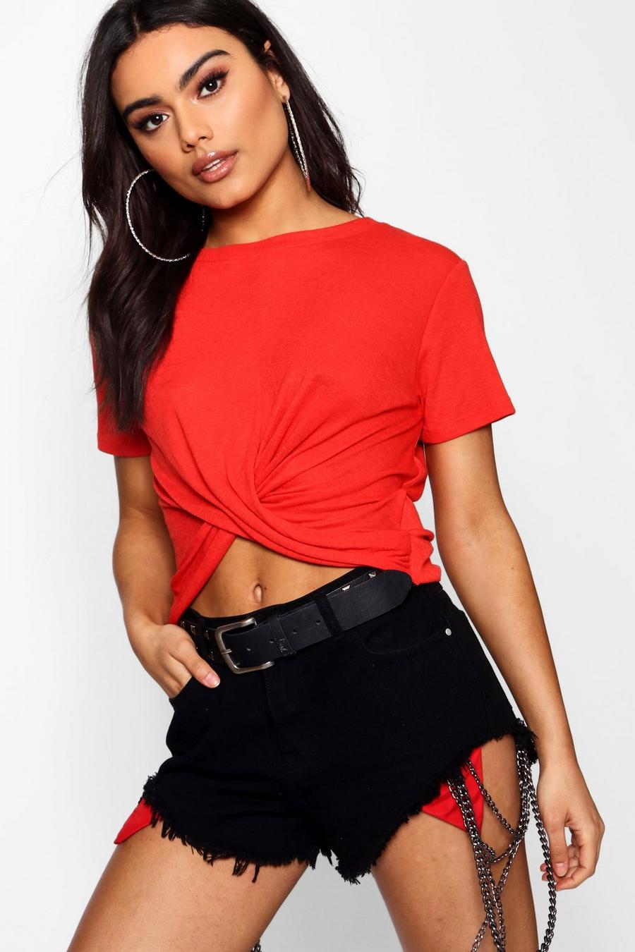 Twist Front Crop Basic T-Shirt, Red image number 1