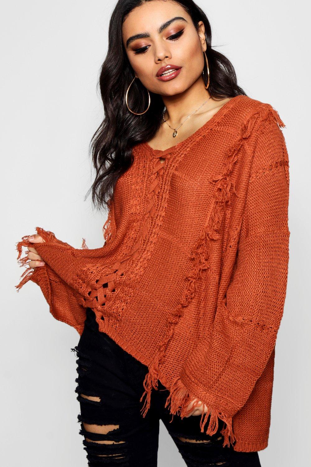 Frayed trim drop shoulder sweater cheap