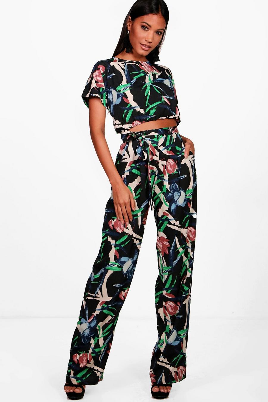 Black Mixed Print Crop & Trouser Co-ord Set image number 1