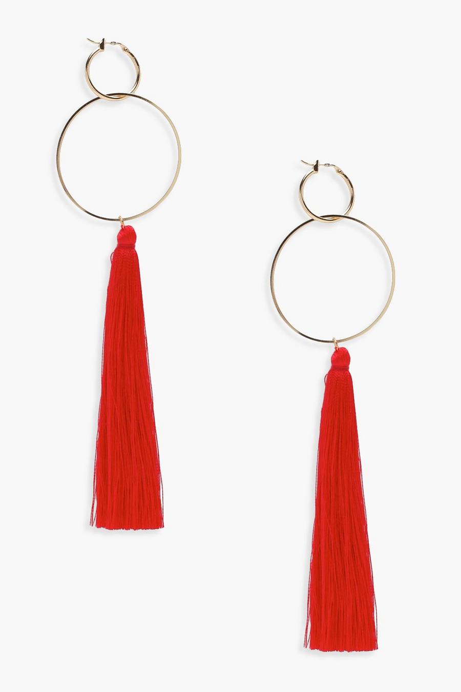 Red Hoop Tassel Earrings image number 1