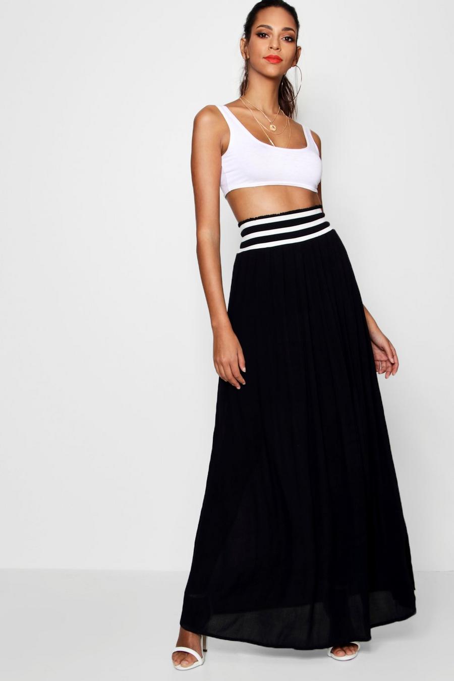 Black Woven Cheesecloth Shirred Waist Maxi Skirt image number 1