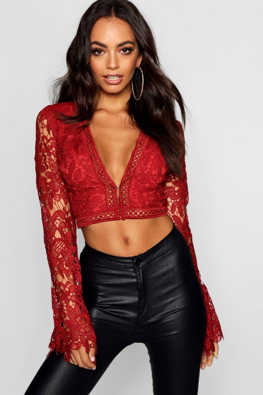 Wine Flare Sleeve Plunge Lace Crochet Crop Top image number 1