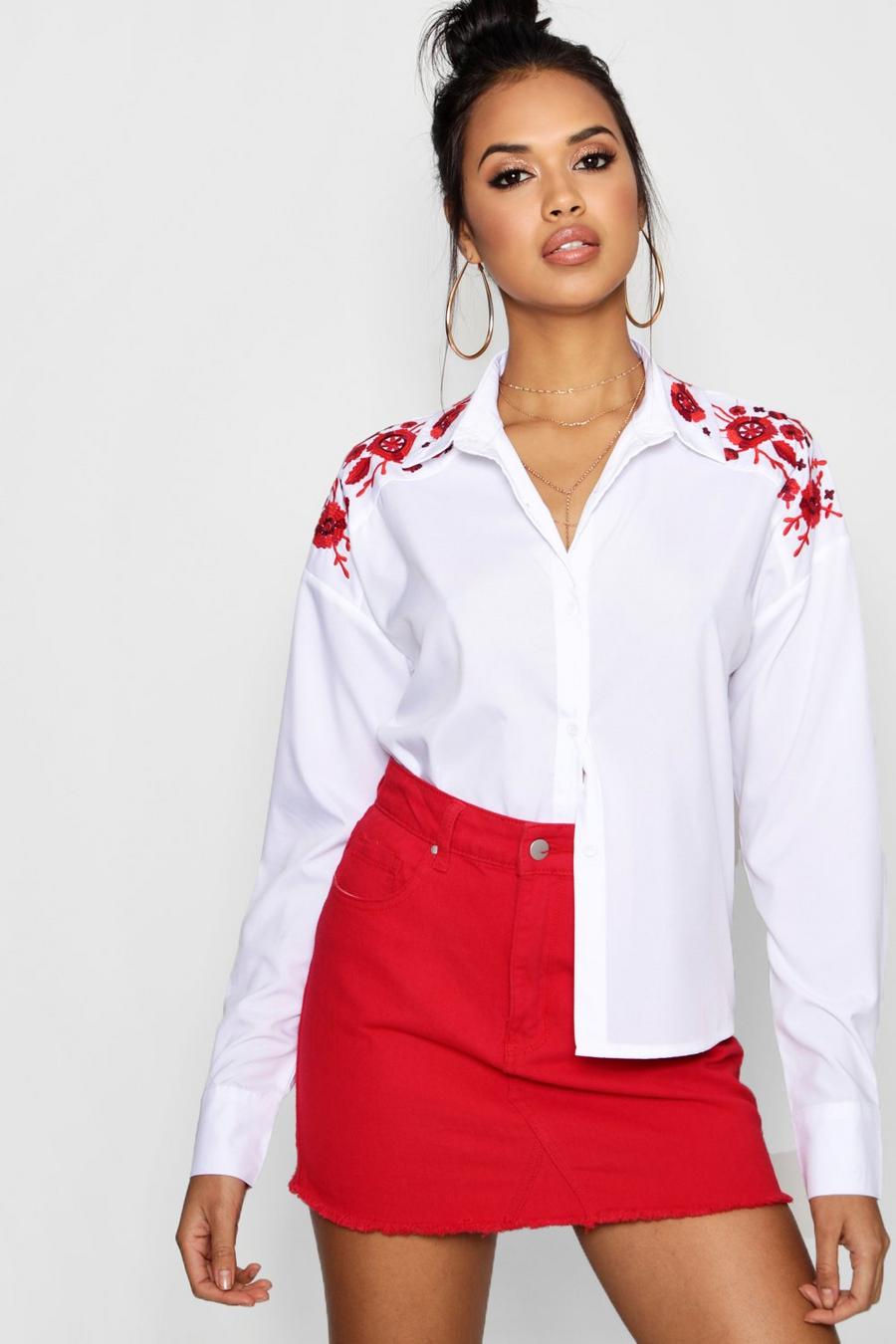 White Floral Embroidered Collar Shirt image number 1