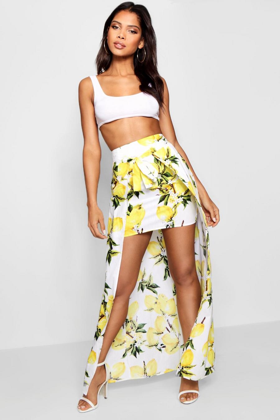 Falda larga con doble estampado de limones tejido con, Blanco image number 1