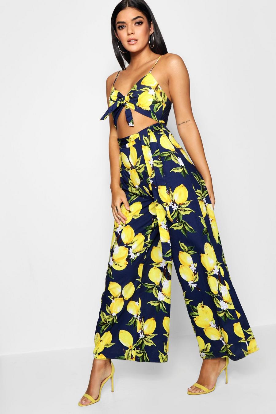 Lemon Print Tie Front Jumpsuit | boohoo