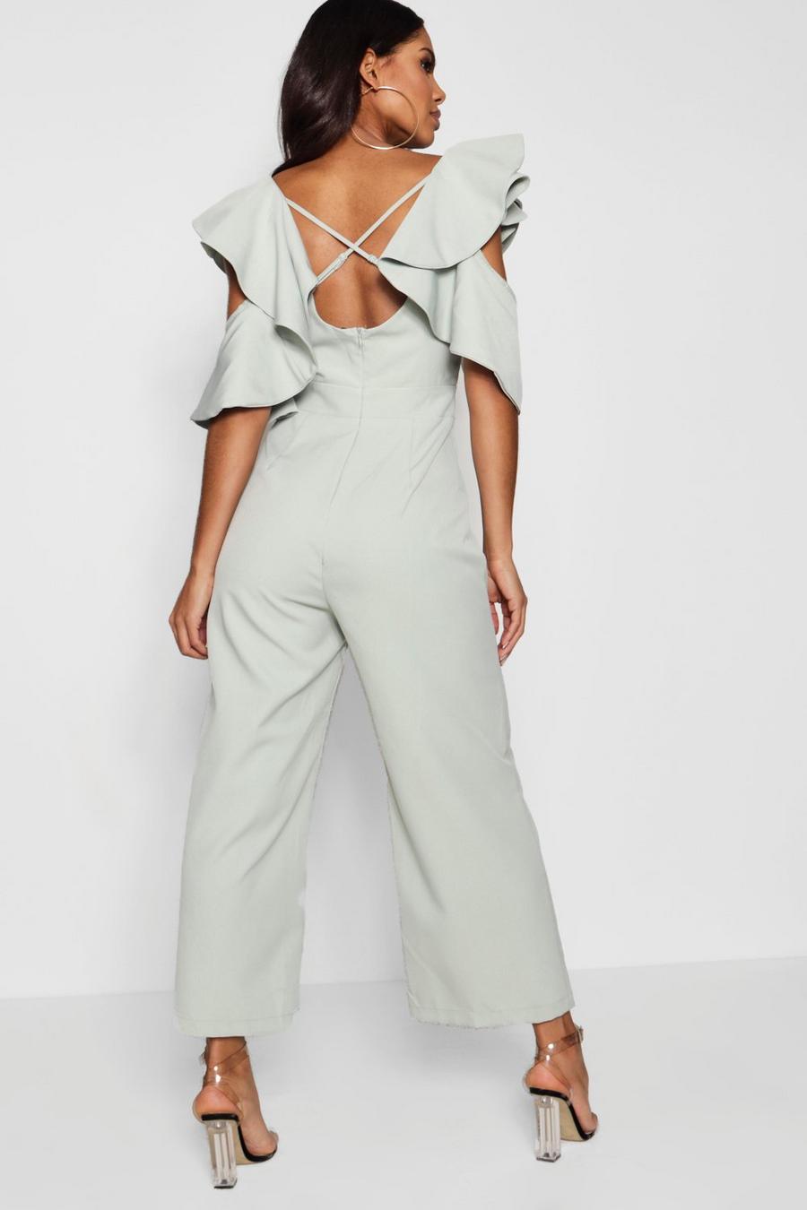 Mint green Statement Ruffle Cross Back Jumpsuit image number 1